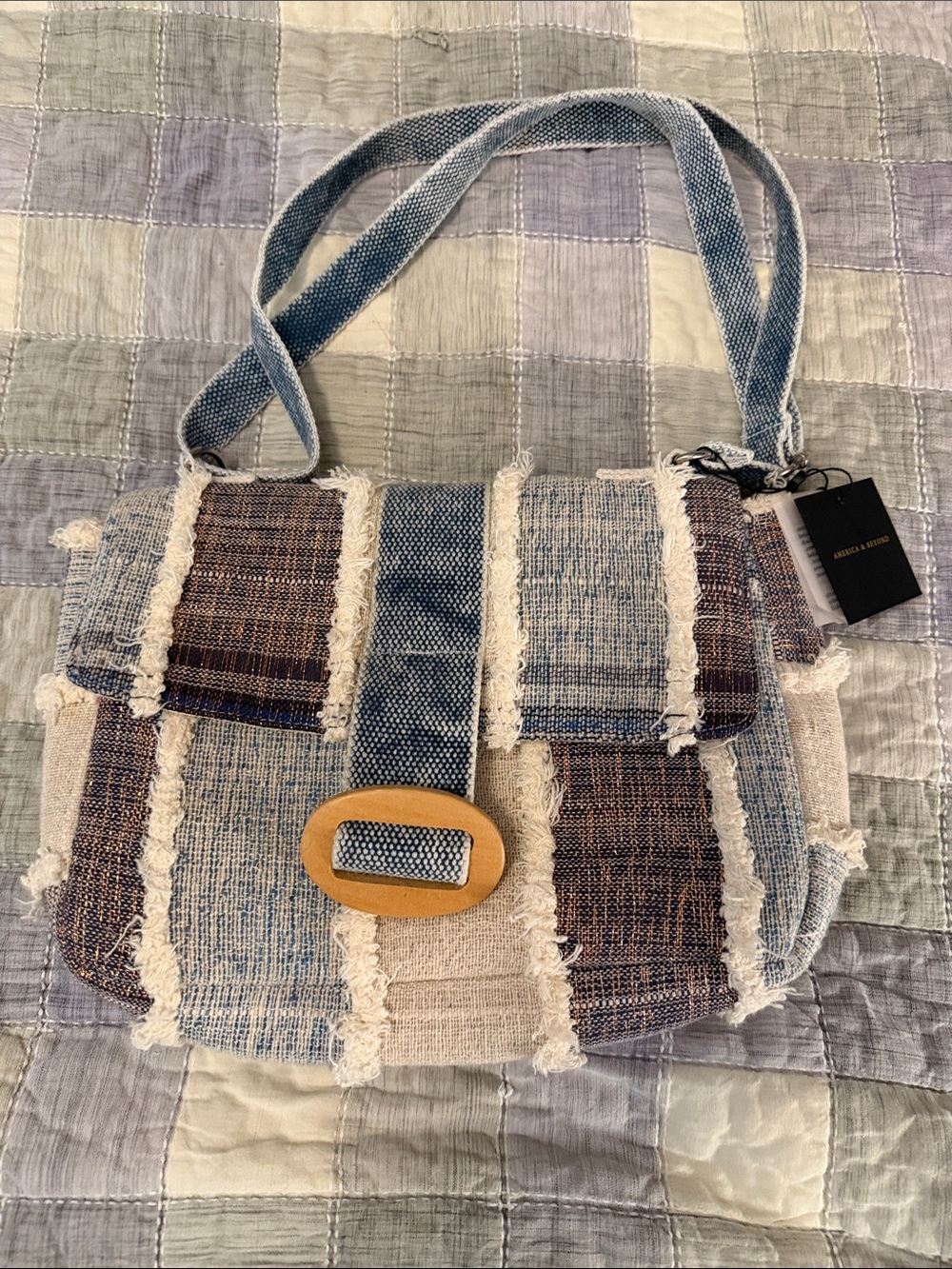 Woven Patchwork Shoulder Bag with Wooden Buckle - Blue & Cream